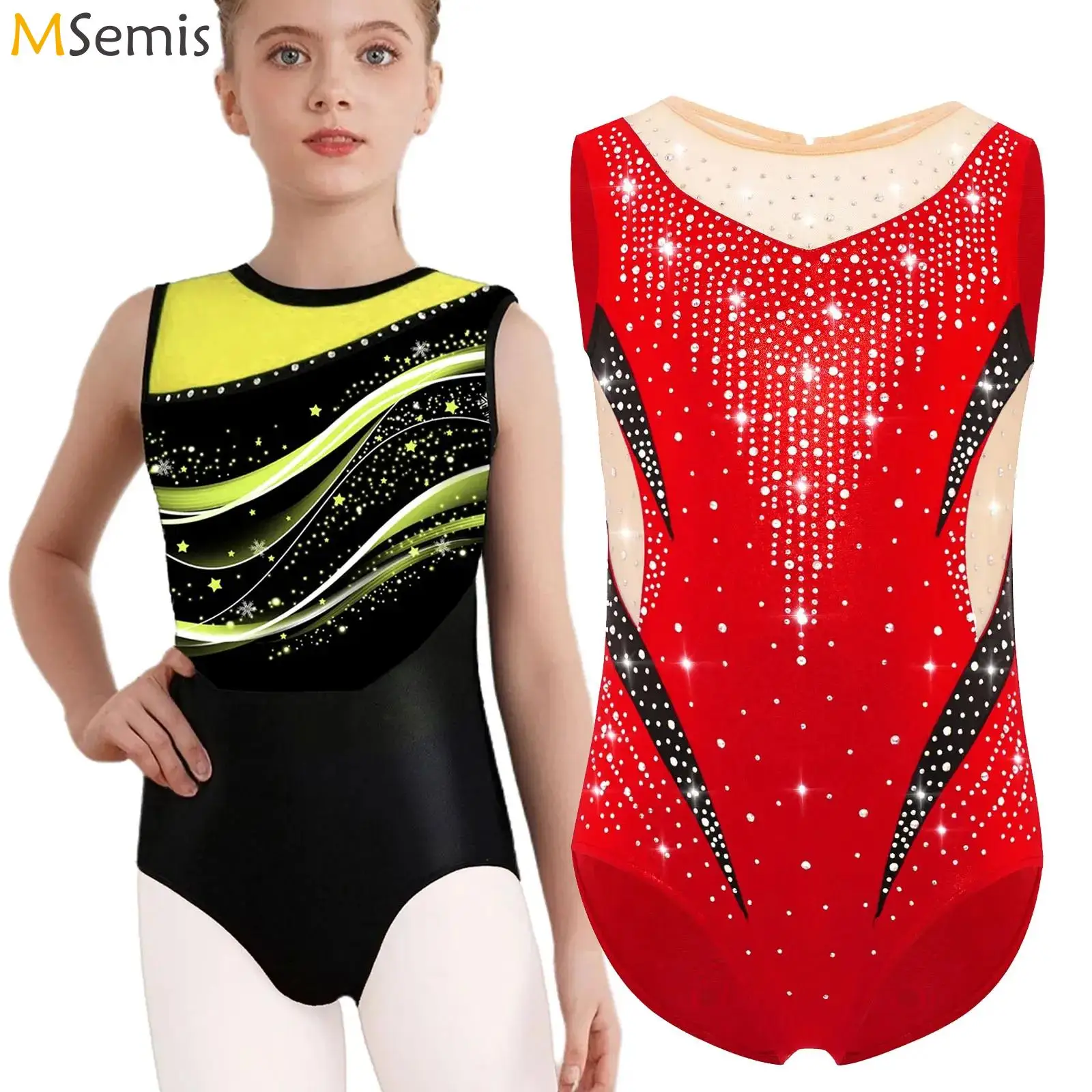 

Гимнастический трико для девочек, блестящий танцевальный боди со стразами, металлический балет без рукавов, акробатический комбинезон, балетная танцевальная одежда, костюмы