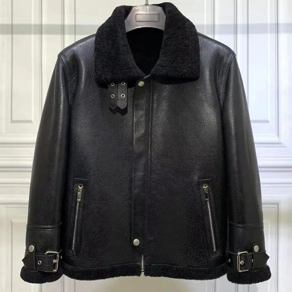 Denny&Dora-Men's Black Shearling Jacket, Short Sheepskin Coat, Lapel Leather Coat