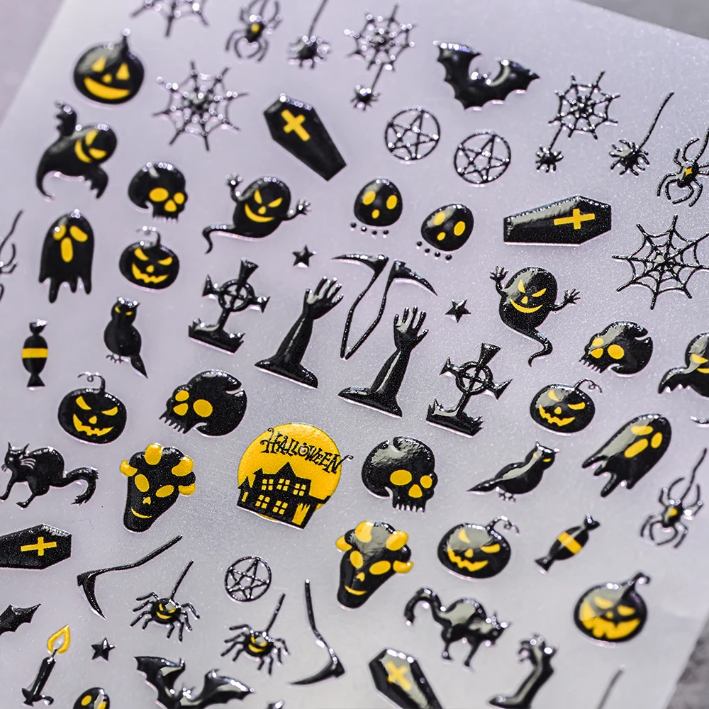 1개 5D 귀여운 검은 고양이 호박 할로윈 네일 스티커 재미있는 해골 유령 호박 거미줄 네일 데칼 DIY 휴일 매니큐어