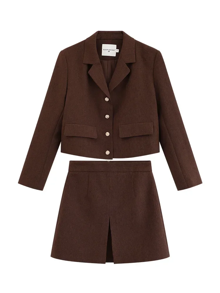 Women Vintage Walnut Brown Blazer Skirt Set Gold Button Suit Jacket High Waist Slim A-Line Mini Skirt Preppy Two-Piece Outfit