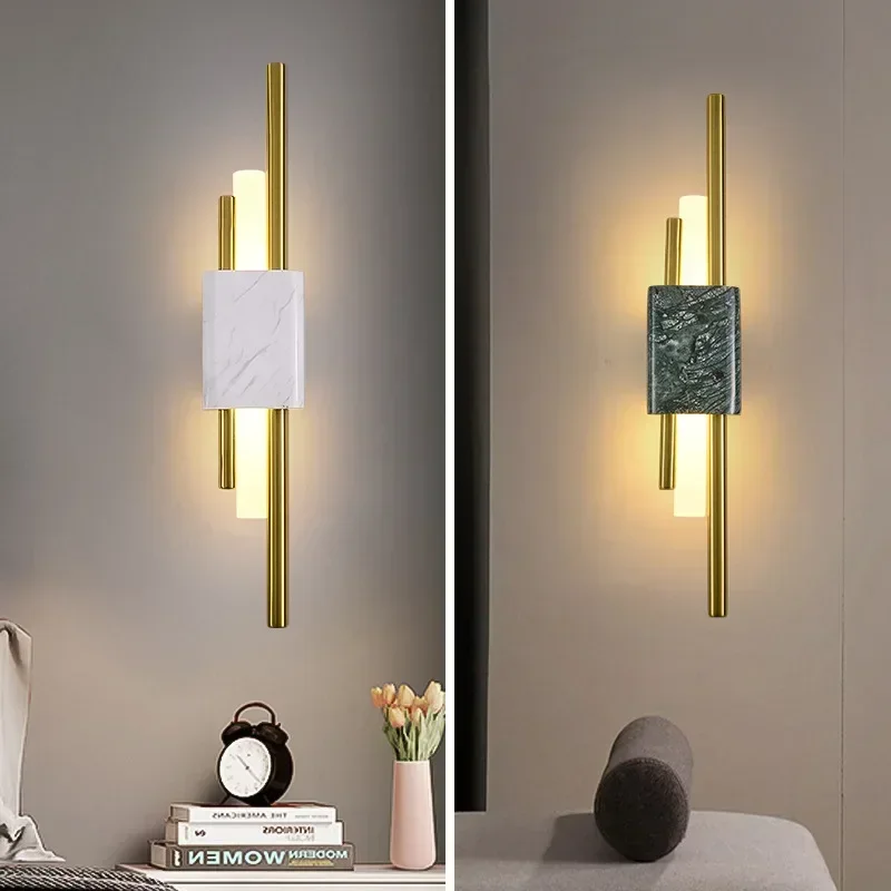 

Green White Marble Wall Lamp Living Room Lobby Bedroom Golden Decor Bedside Sconce Hotel Aisle Staircase Led Light 6W