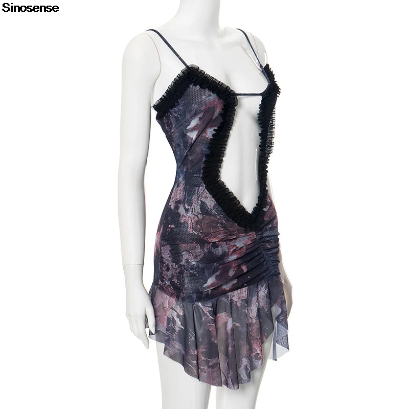 Women Print Bodycon Mini Club Party Dresses Sexy Cut Out Ruffle Slim Ruched Cami Dress Y2K Street Going Out Date Night Dress