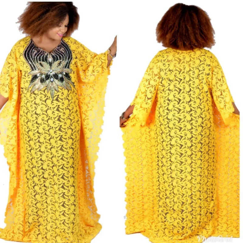 African Lace Robes Maxi Dresses For Women Traditional Boubou Africa Femme Sequins O-Neck Muslim Abaya Dress Come With Inner 2PCS