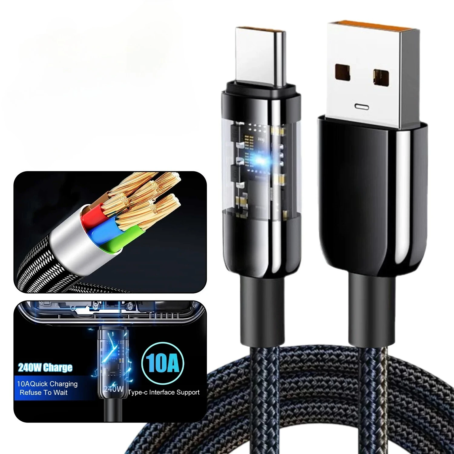 PD USB A To Type C Fast Charging Data Cable USB Type C Transparent Data Line Android USB C 0.25/1/1.5/2m Quick Charge Cord