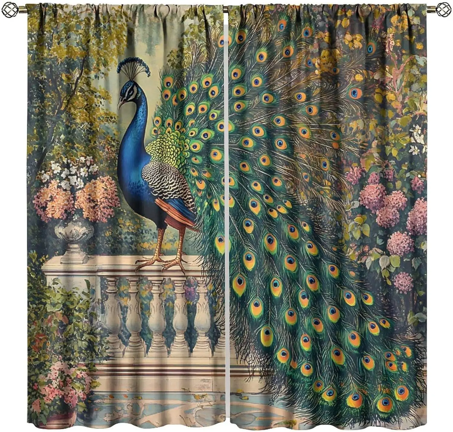 Country Farmhouse Peacock Curtains, Abstract Garden Animals Plants Peacock Flowers Window Drapes, for Living Room Bedroom