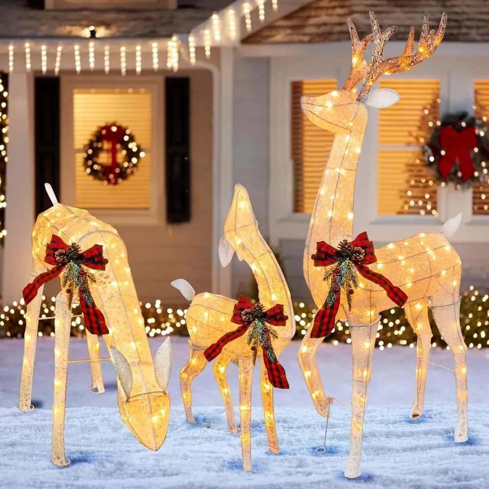 3-Piece Pre-Lit Christmas Reindeer Family Set, 3D Plug in Count Decoration, Waterproof Deer Decor for Yard Lawn Garden Party