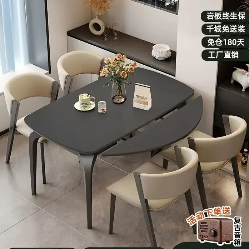 Creativity light luxury modern retractable folding home rock slab dining table full support baseplate square&round dual-purpose