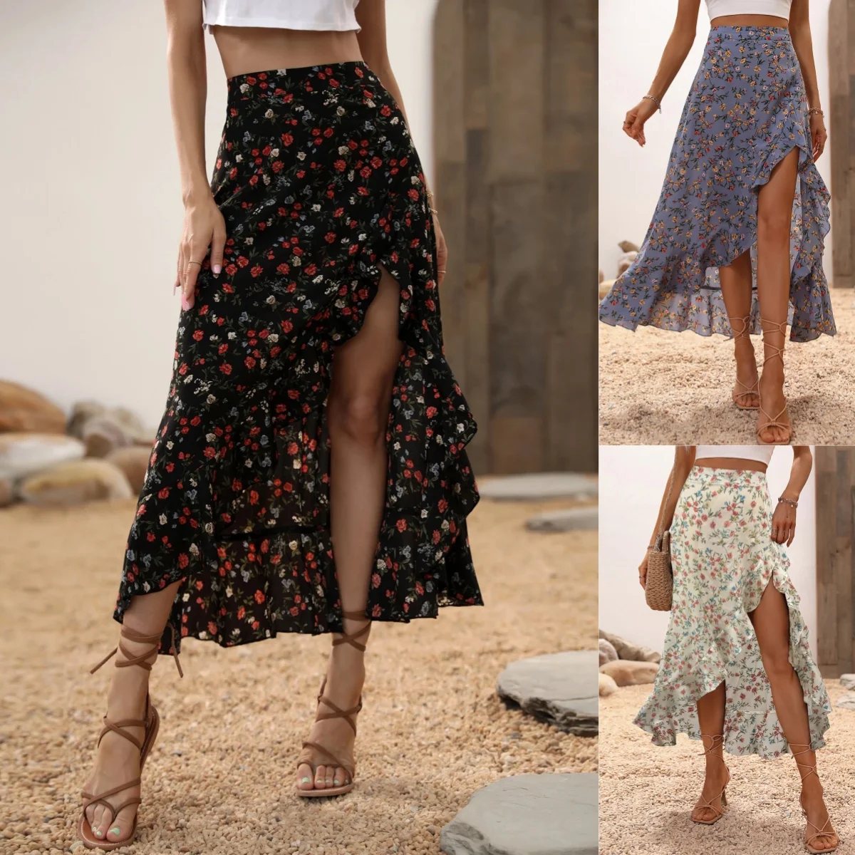 Ladies Floral High Waist Asymmetrical Hem Mid-Length Split Skirt Casual Holiday Fashion Spring Summer Polyester Fabric Elegan...