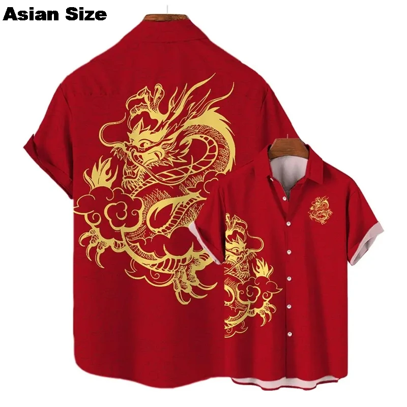 التنين سنة 2025 قمصان قصيرة الأكمام للرجال الملابس العرقية السنة الصينية الجديدة التلبيب بلوزة الذهب الصين التنين البلوزات الاطفال الهدايا