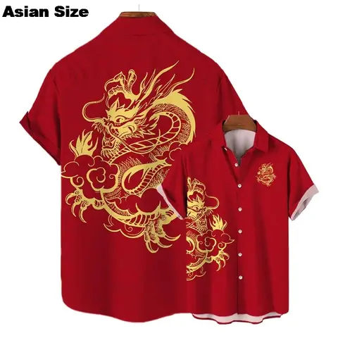 Dragon Year 2025 Short Sleeve Shirts For Men Clothes Ethnic Chinese New Year Lapel Blouse Gold China Dragon Blouses Kids Gifts