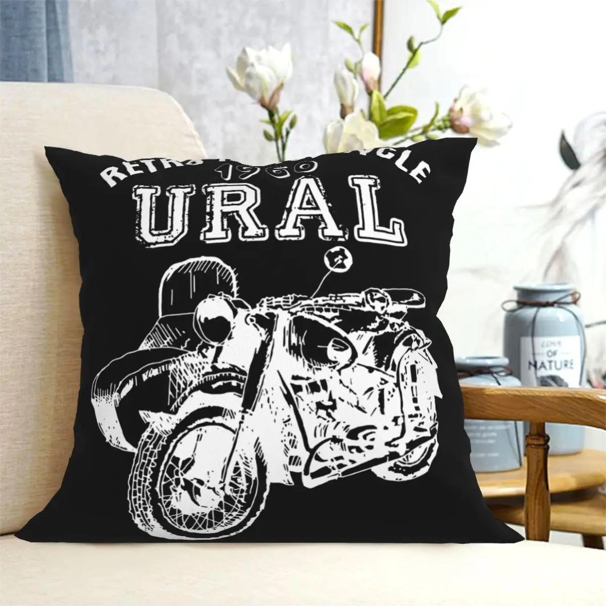 Motorcycle Ural Sidecar Motorbike Cushion Pillow Cover Black Living Room Cushion Cover Zipper Pillow Cover Customizable