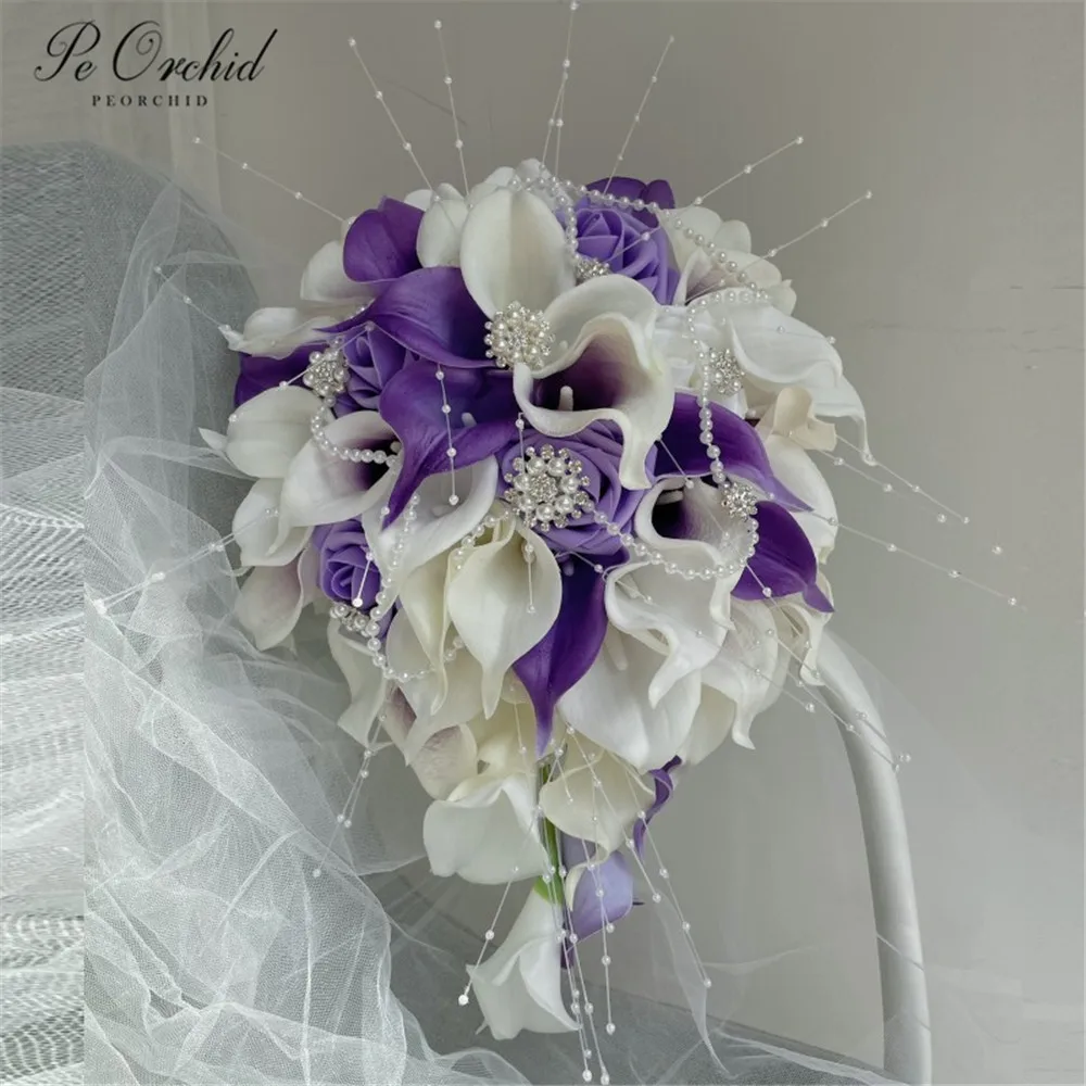 

PEORCHID 2023 Pearl Bouquet Bride Cascade Purple and Ivory Waterfall Rose Flower Bouquet Flores Para Boda Wedding Decirations