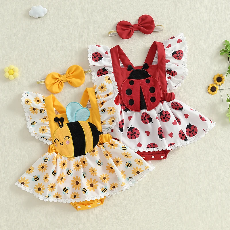 Summer Newborn Infant Baby Girls Rompers Dress Bee/Ladybug Print Skirt Hem Fly Sleeve Jumpsuits Bodysuits with Headband