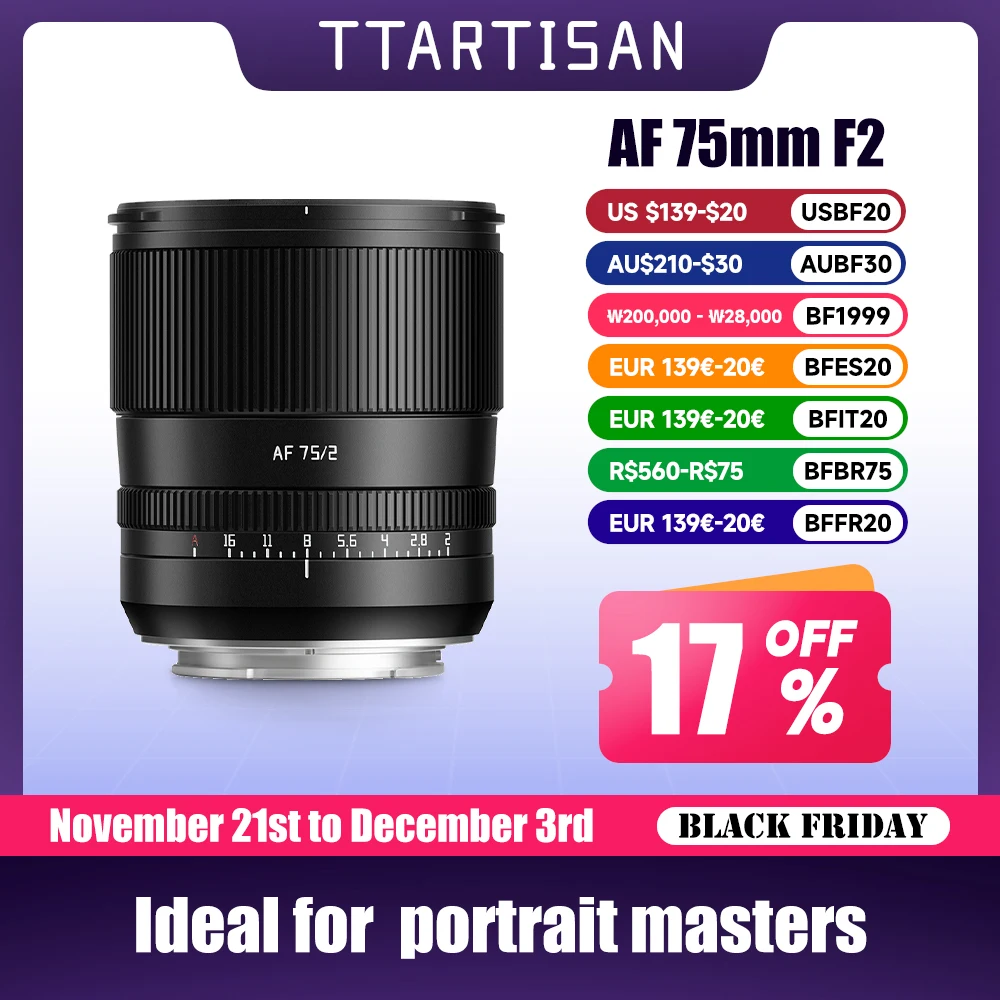 TTArtisan Auto Focus 75 мм F2 полнокадровый объектив для беззеркальной камеры с креплением E Z для Sony A7M4 a6000 zve10 a6700 FX30 Nikon zfc Z9 Z50