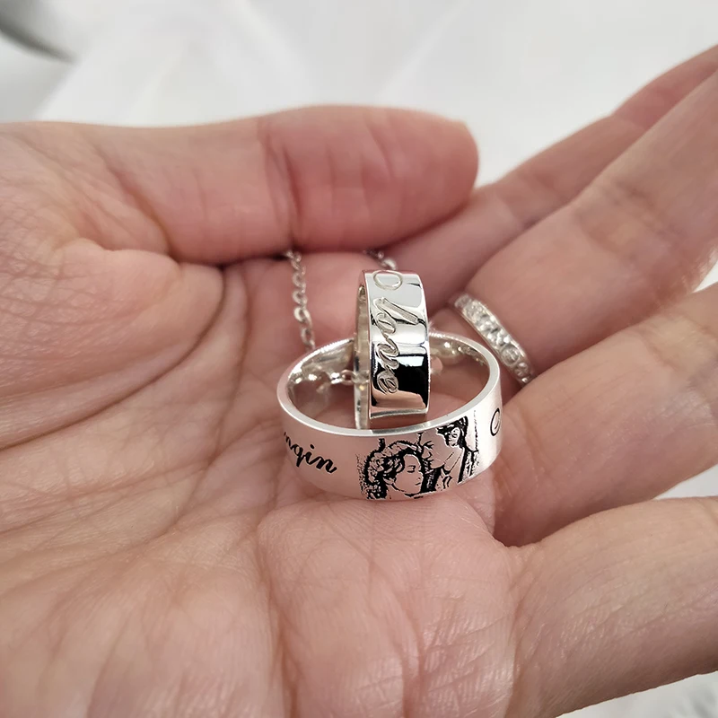 Custom Couples Ring Necklace Engraved letter Pic  Ring Pendant Necklace with Double-Ring Real S925 Pendant  Pesonalize Jewelry