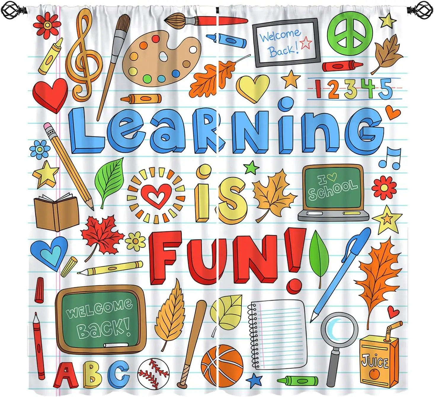 Learning is Fun Classroom Curtain Kids Educational Learning Window Treatments for Bedroom Cute Colorfu Back to School Theme