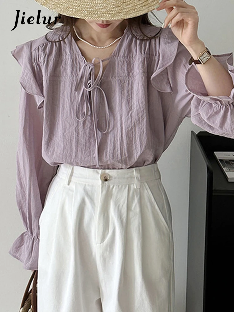 

Jielur Purple Chiffon Edible Tree Fungus Women's Blouses Korean Style V-neck Solid Color Flare Sleeve Elegant Summer Chic Blouse
