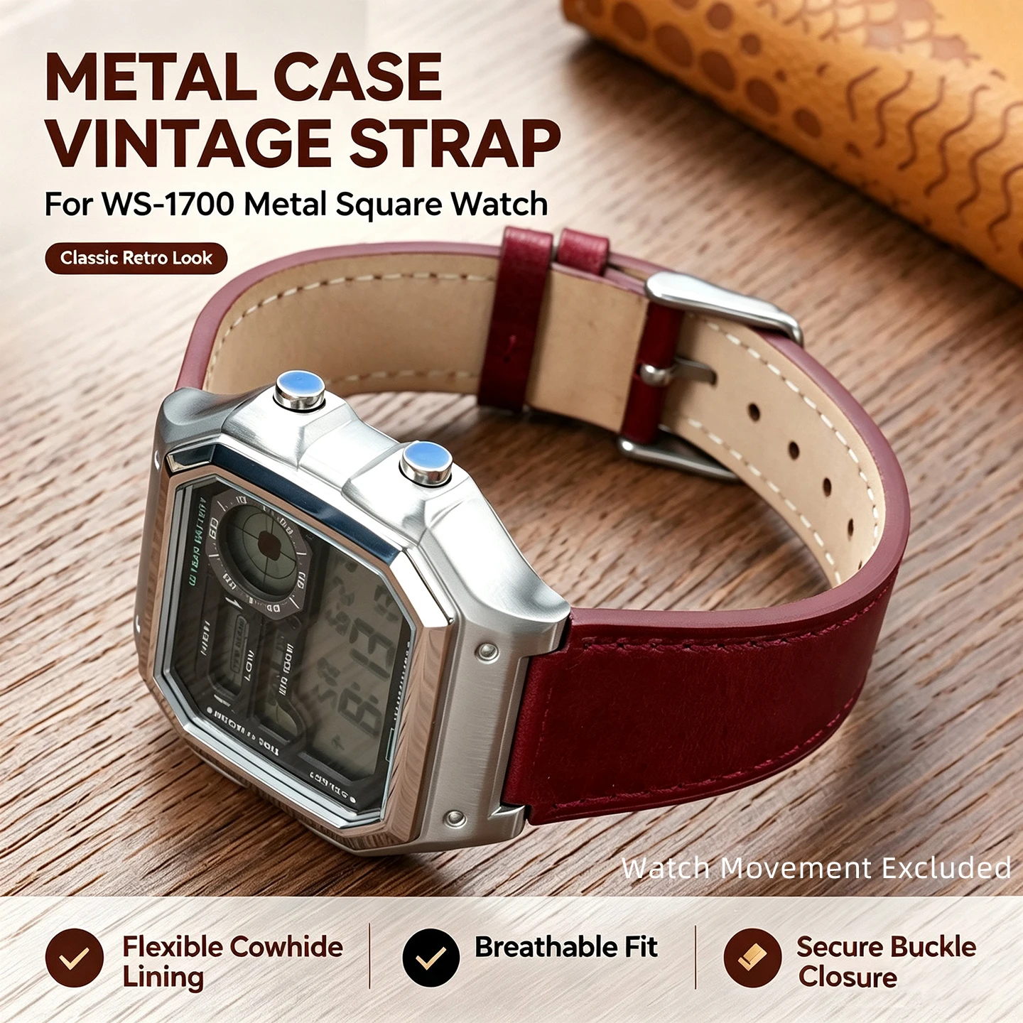 304L Stainless Steel Watch Case Upgrade Mod Shell for Casio WS-1700, Vintage Genuine Cowhide Strap 18mm Multi Colors Retro band