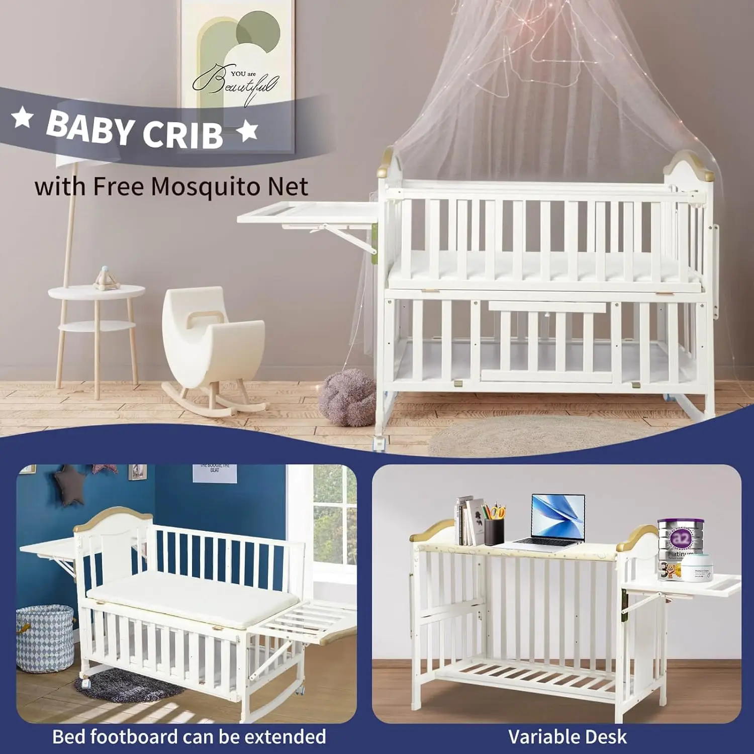 Portable Mini Baby Crib - Cunas para Bebes 4 en 1 Modernas with Foldable Storage Shelf and Mattress Included, bed for girls