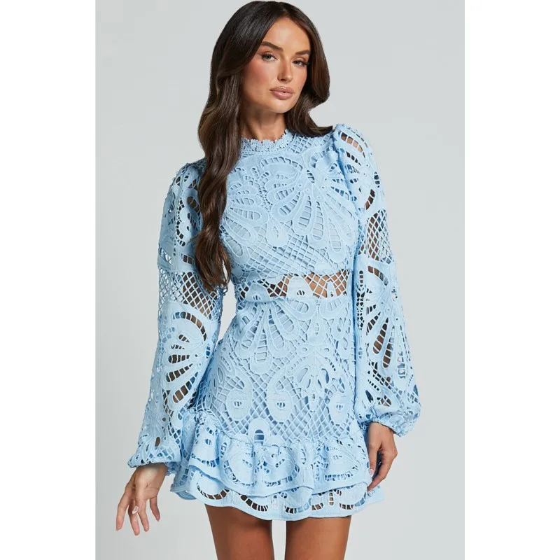 

Sexy Perspective Lace Dress Women's Summer Fashion Solid Color Stand Collar Loose Dresses Ladies Ruffle Splicing Design Vestidos