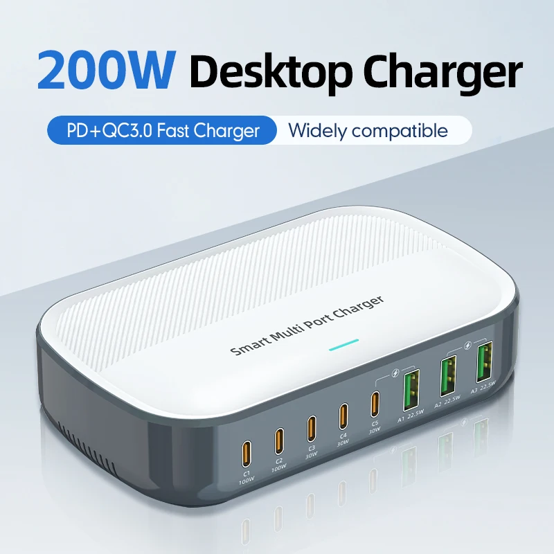 200W GaN Charger PD Fast Charging USB Type C Charger PD 100W 8 in 1 USBC Power Station For iPhone 17 16 15 Pro Max Xiaomi 14