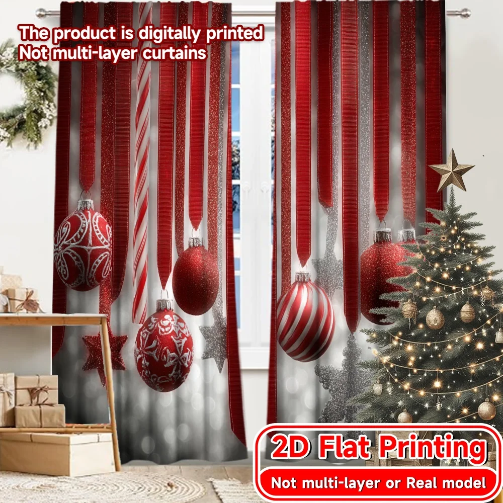 2D FLAT PRINTING 2pcs Curtains (Without Rod) Christmas Ornaments and Snowflakes New year Festival Fashion Curtains Machine
