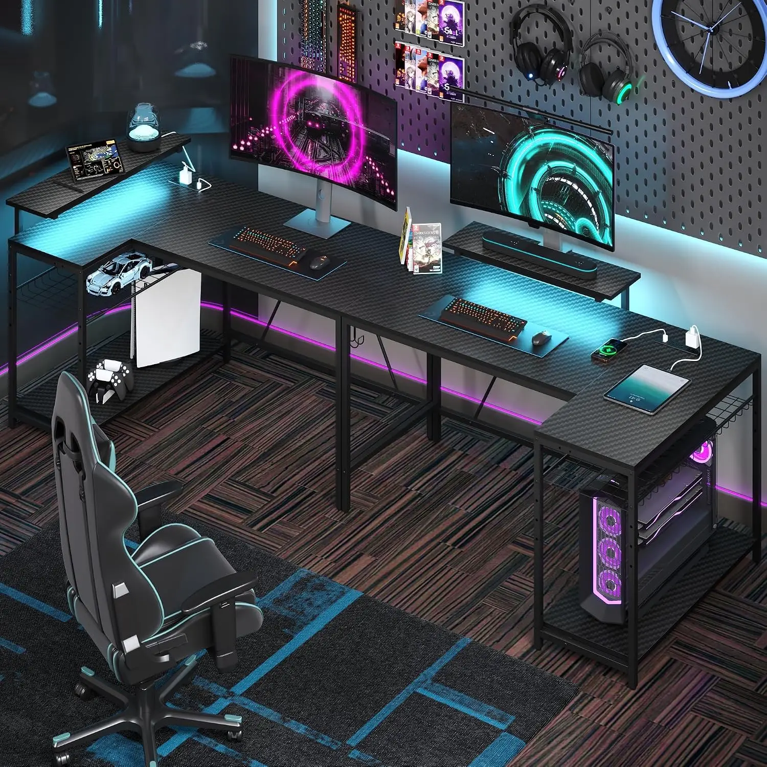 L-Shaped Gaming Desk with Charging & LED, Reversible Shelves, Carbon Fiber Texture, Headphone Hook, 52 in, Customized