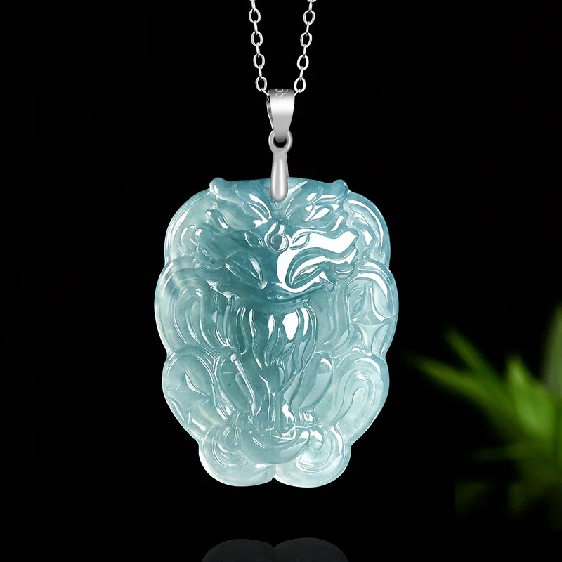 

S925 Серебро Изумрудно-Голубой Водяной Нефрит Натуральный Подвеска Девятихвостая Лиса Резной Жадеит Ювелирные Изделия Модный Амулет Подарки Сертификат