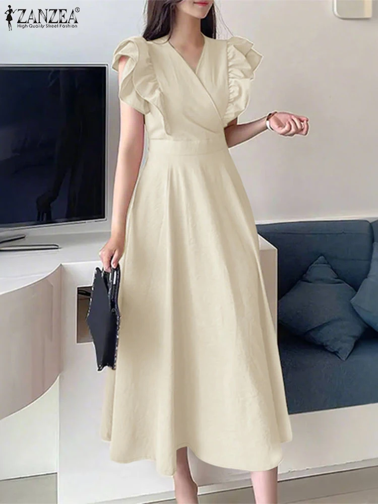 

ZANZEA Women Vintage French Dress Fashion Ruffled Sundress Summer Party Vestidos 2025 Solid Short Sleeve Casual V Neck Long Robe