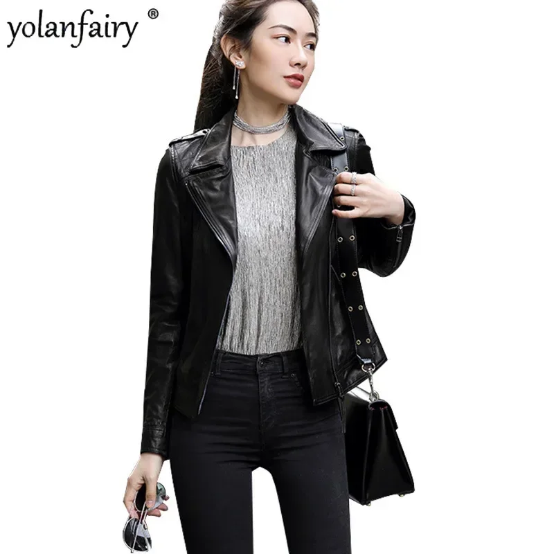 New Spring Autumn Genuine Leather Clothing Women Sheepskin Coat Women's Motorcycle Slim Short Natural Leather Clothes Female Top