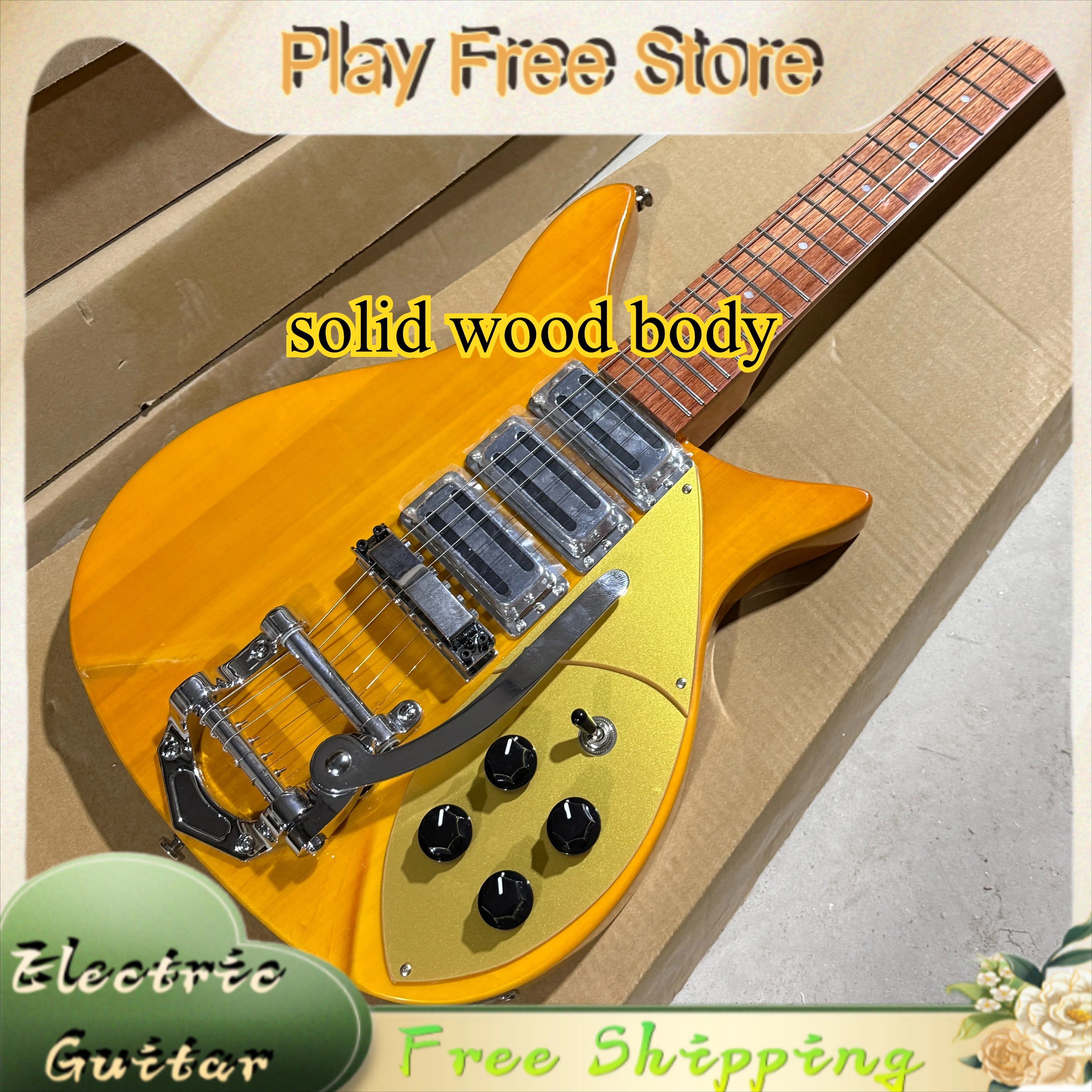 

Wooden Yellow Electric Guitar 325 Clear Transparent Sound Large Handle Solid Wood Body Asymmetrical Sharp Angles 21 Tone