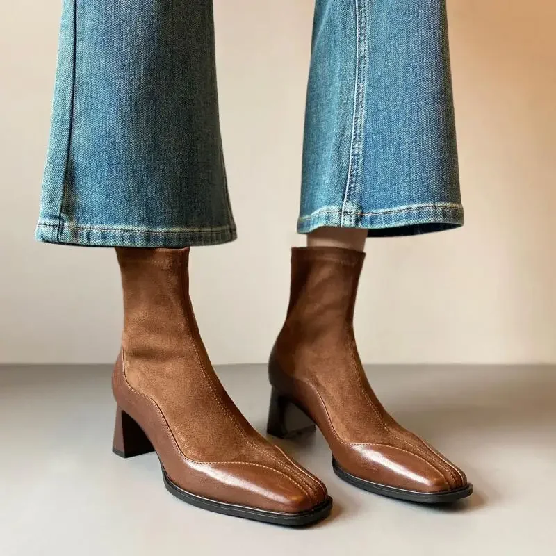 Elegant Square Toe Solid Pu Black Chelsea Boots Women 2025 Autumn French Retro High Heel Ankle Boots Retro Brown Suede Booties