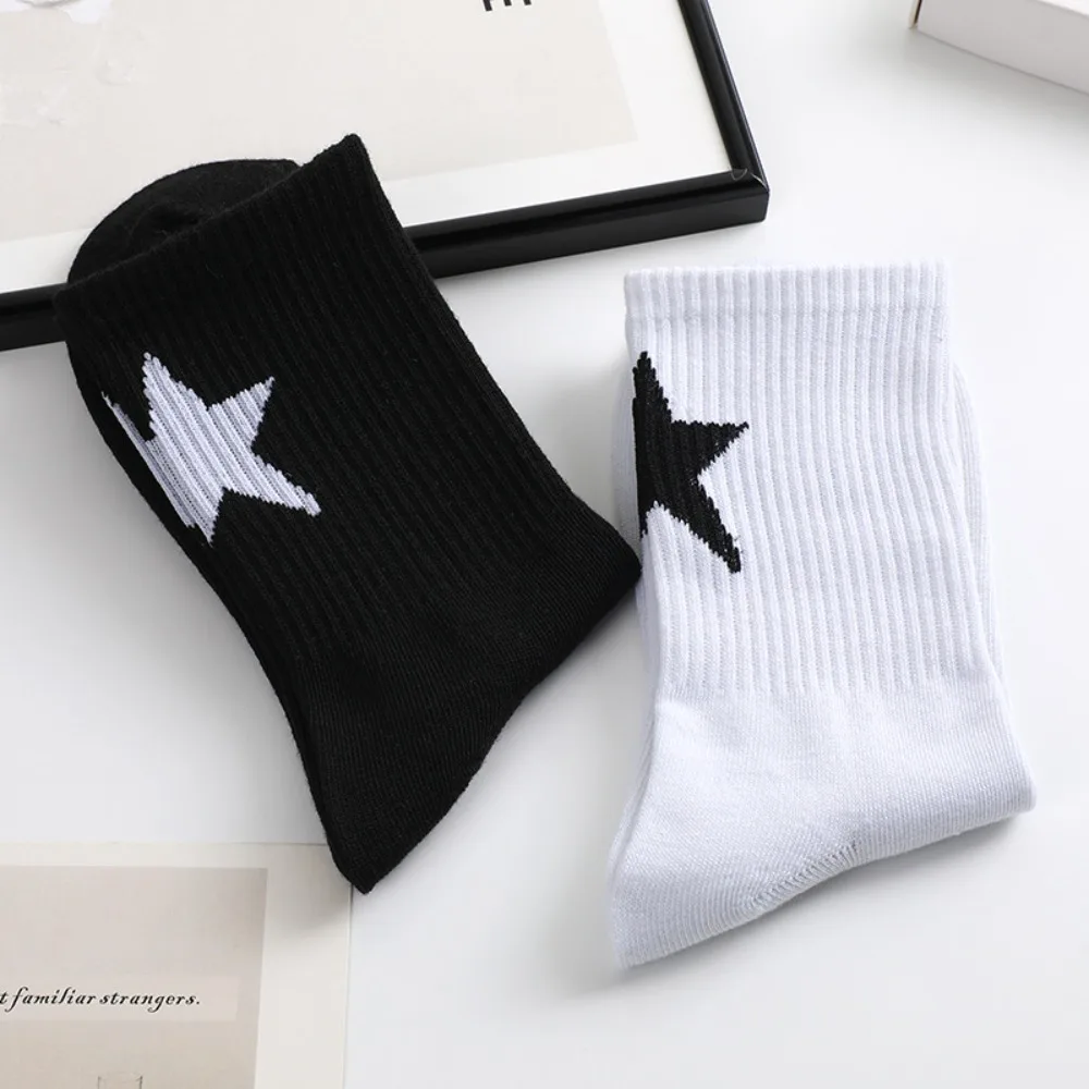 Sweat Absorption Sporty Cotton Anti-Odour Five-Pointed Star Socks Couple's Version Tide Mid-Calf Socks Korean Style Outfits