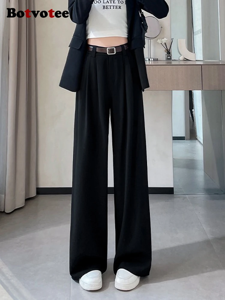 Botvotee Burgundy Suits Pants for Women Office Lady Elegant High Waist Wide Leg Fashion Trousers with Pockets Black Gray