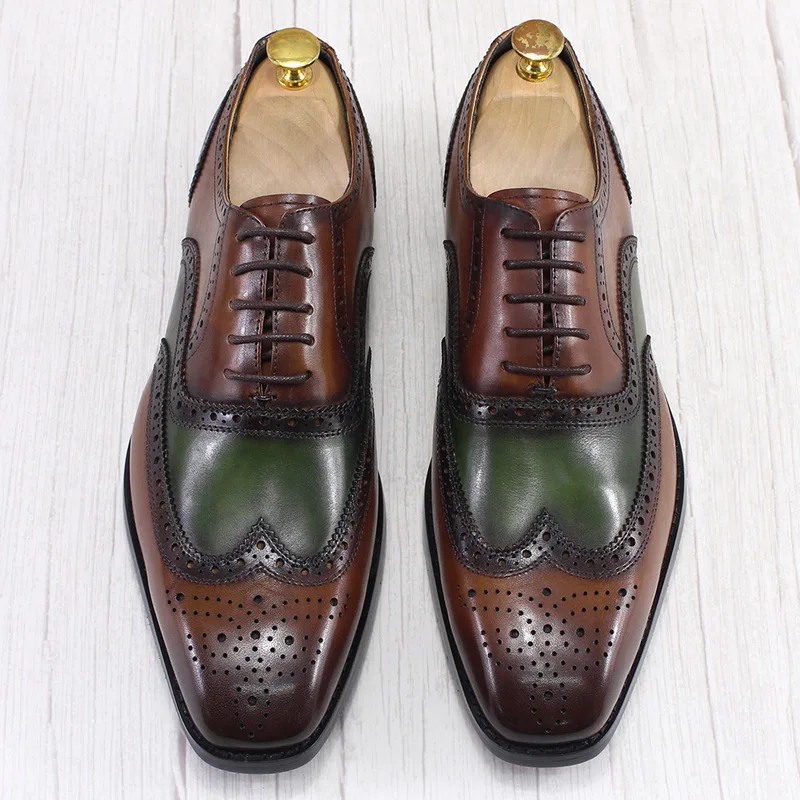Men's Leather Suede Business Suit Oxford Shoes Brown Green Top Layer Cowhide Block Carved Small Square Head Fashion Men's Shoes