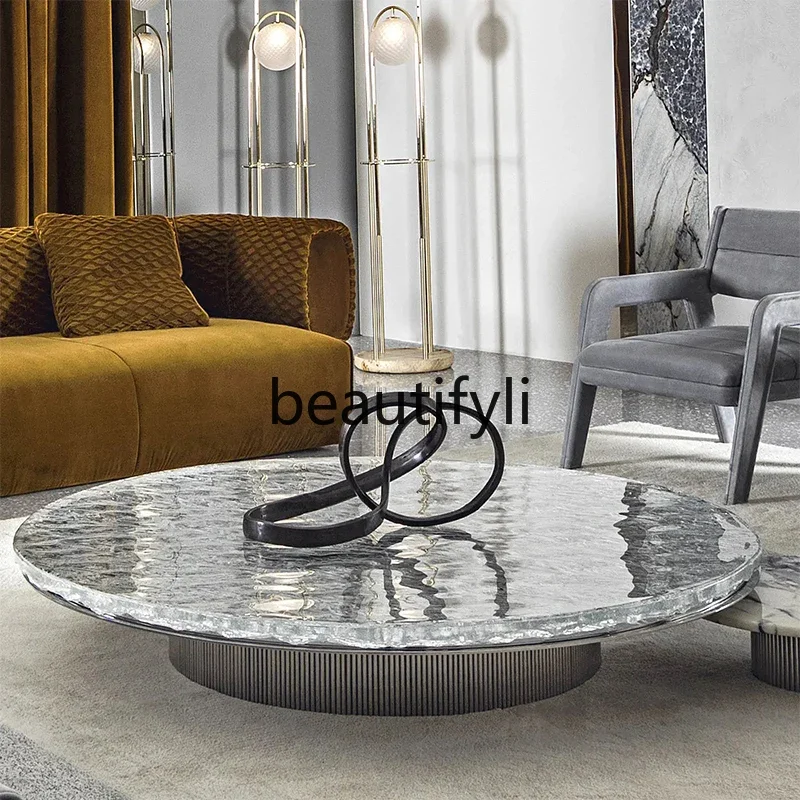 

ls 42Italian light luxury marble acrylic coffee table round modern stainless steel minimalist edge table