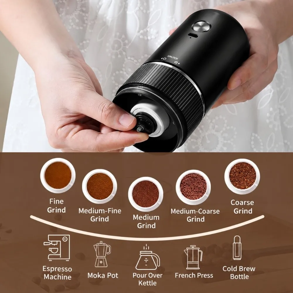 USB Rechargeable Portable Coffee Grinder Ceramic Burr Adjustable Thickness Mini Coffee Grinder Induction Self Stop
