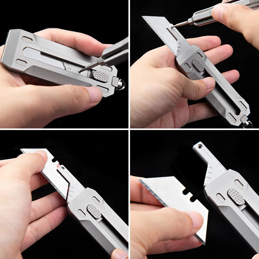 Titanium Alloy Utility Knife Keychain Mini Sliding Blade Knife EDC Small Box Cutter Portable Replaceable SK5 Blade Pocket Knives