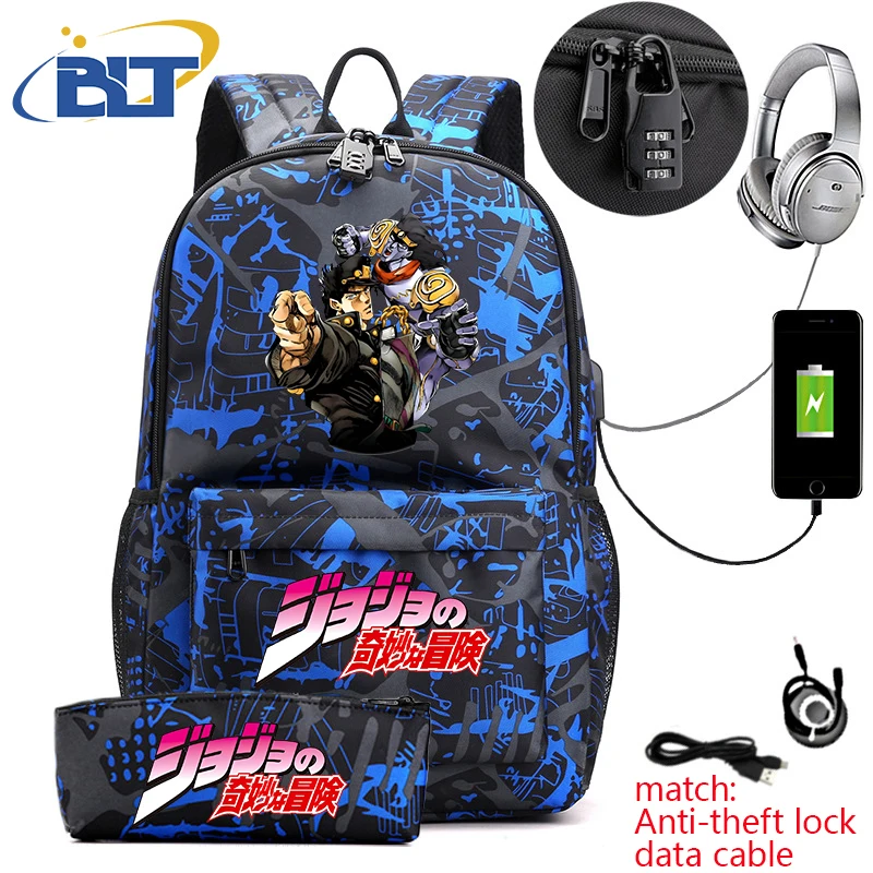 Jojo Bizarre Adventure anime student school bag USB backpack pencil case 2-piece set for boys and girls