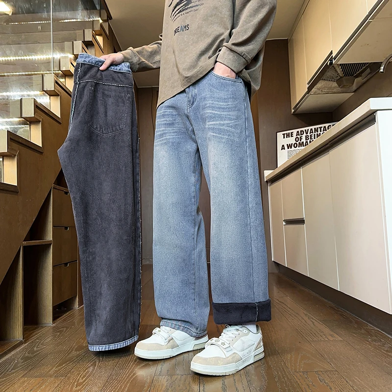 

Winter Vintage Men's Straight Jeans Casual Streetwear Fashion Velvet Trousers Thick Loose Warm Denim Trousers Male