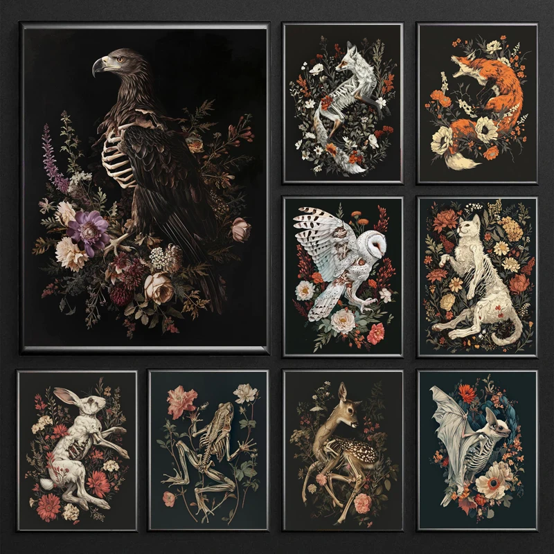 Classic Retro Dark Art Floral Dead Crow Skeleton Gothic Animal Poster Canvas Printing Home Room Wall Decor Frameless Painting