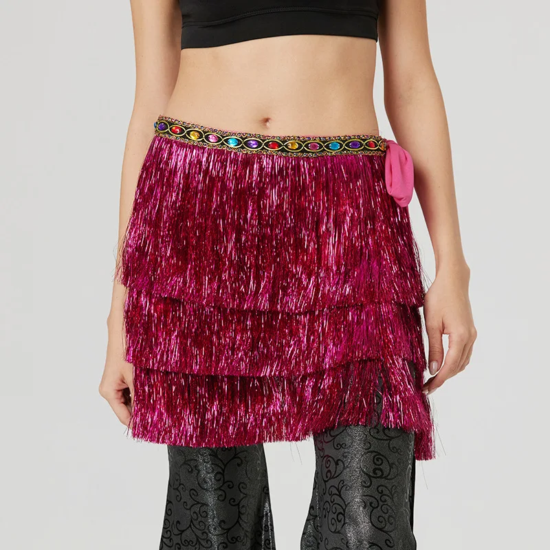 Falda con borlas brillantes y brillantes para mujer, apliques de retazos para fiesta brillante, ropa Y2K