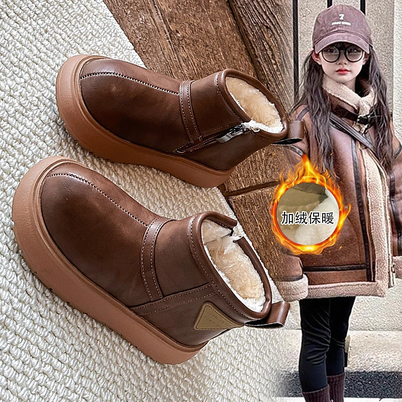 أحذية ثلج للأطفال مصنوعة من الجلد المقاوم للماء بين الوالدين والطفل للأولاد والبنات، أحذية قطنية سميكة دافئة وقطيفة بنعال سميكة
