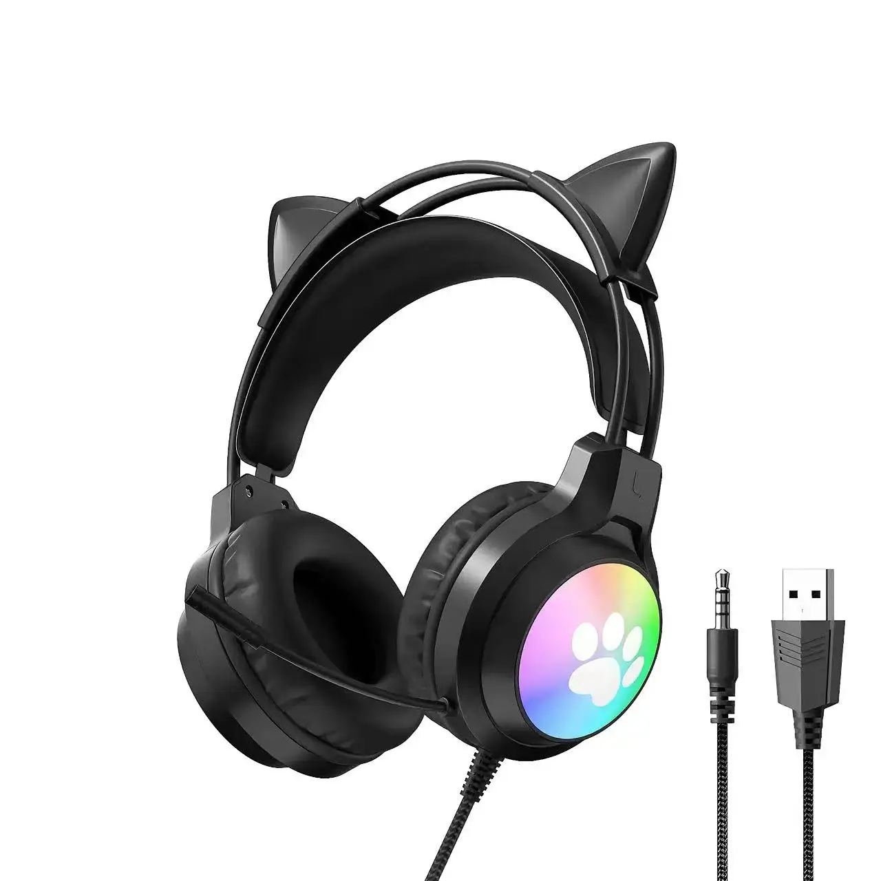 SOYTO Cat Ear Gaming Headset voor Livestream RGB Verlichting Bedrade Over-Ear Hoofdtelefoon Schattig Hoge Esthetiek Geluidsdempend Diepe Bas