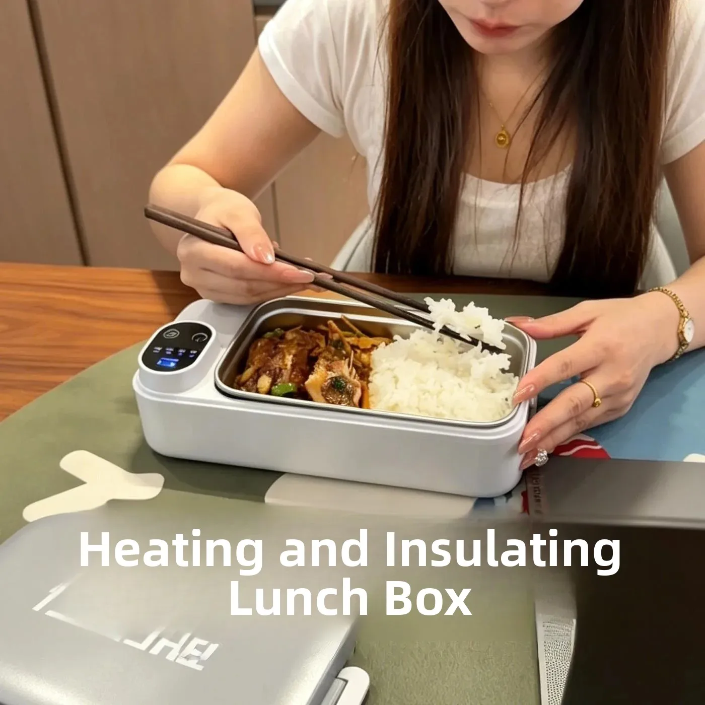 Portable Heated Insulated Lunch Box White Automatic Heating Meal Box for Office Workers Portable Hot Rice Container
