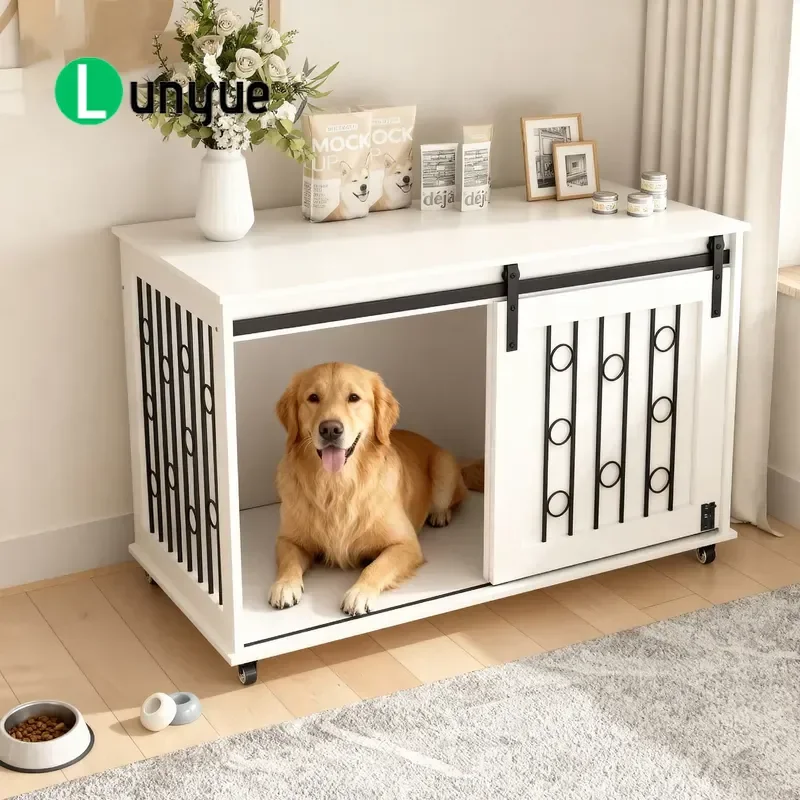 Solid Wood Dog Crate End Table Indoor Pet Kennel with Sliding Door Lockable Wheels Furniture for Home Living Room Bedroom