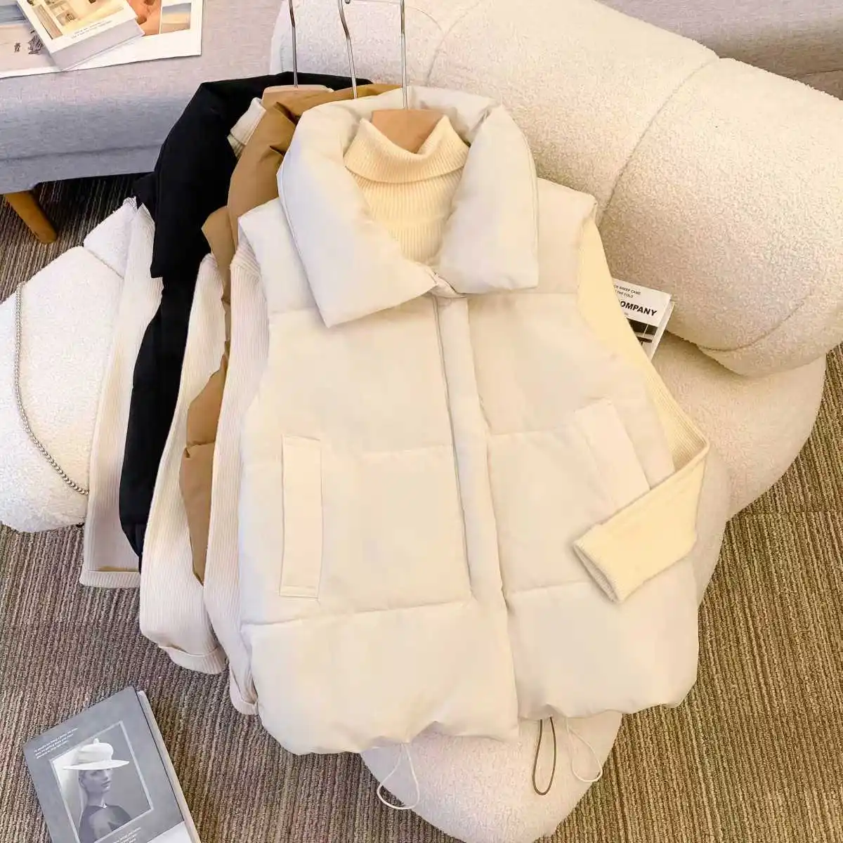 Übergroße Baumwollweste mit Reißverschluss, lockere Damenweste für Herbst und Winter, lässige Weste, ärmellose Kleidung, einfarbige Basic-Jacke, Oberteil – Detail 13