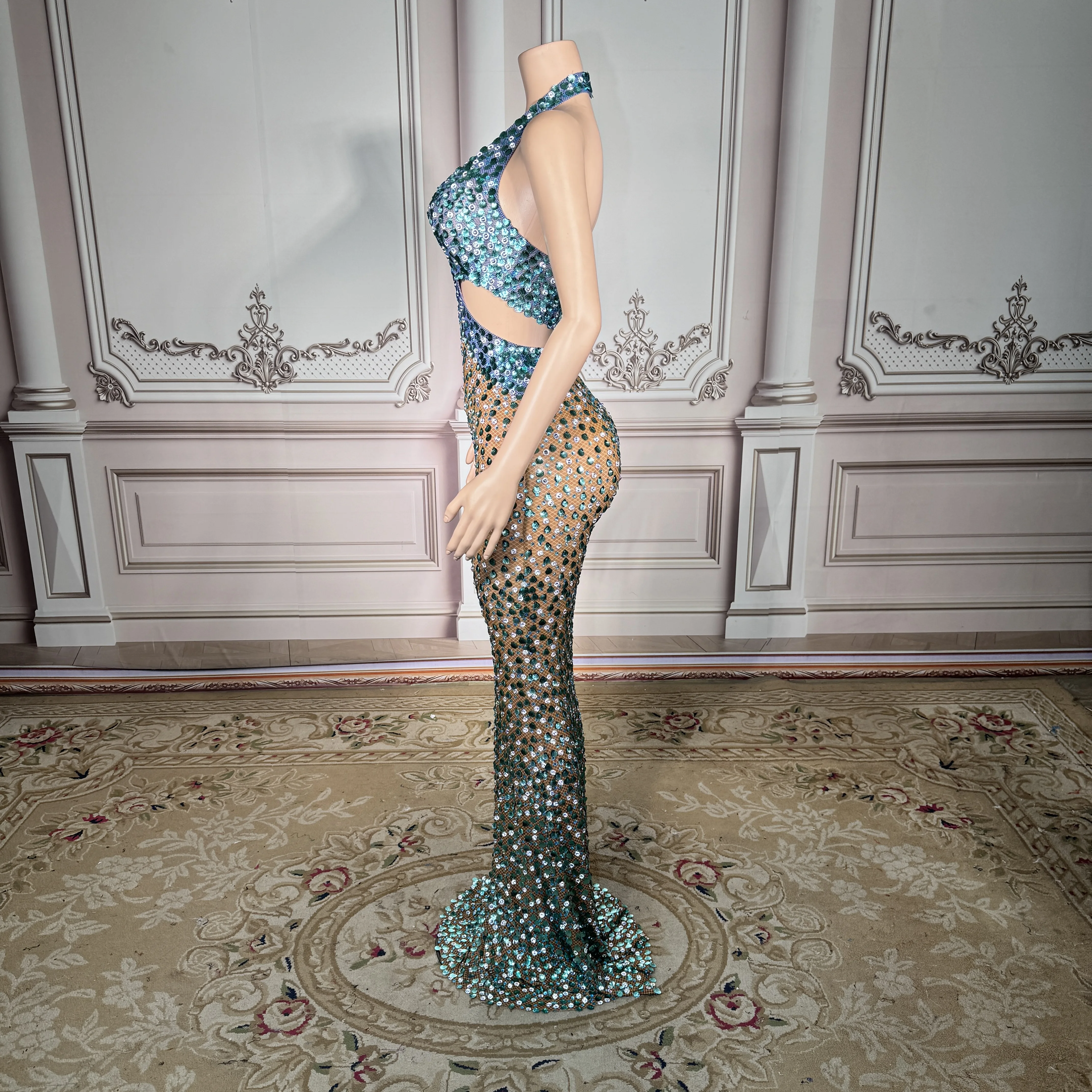 ZD Abito da sera sexy con strass scintillanti da donna Abito lungo trasparente con scollo all'americana di lusso per il ballo di fine anno 2025