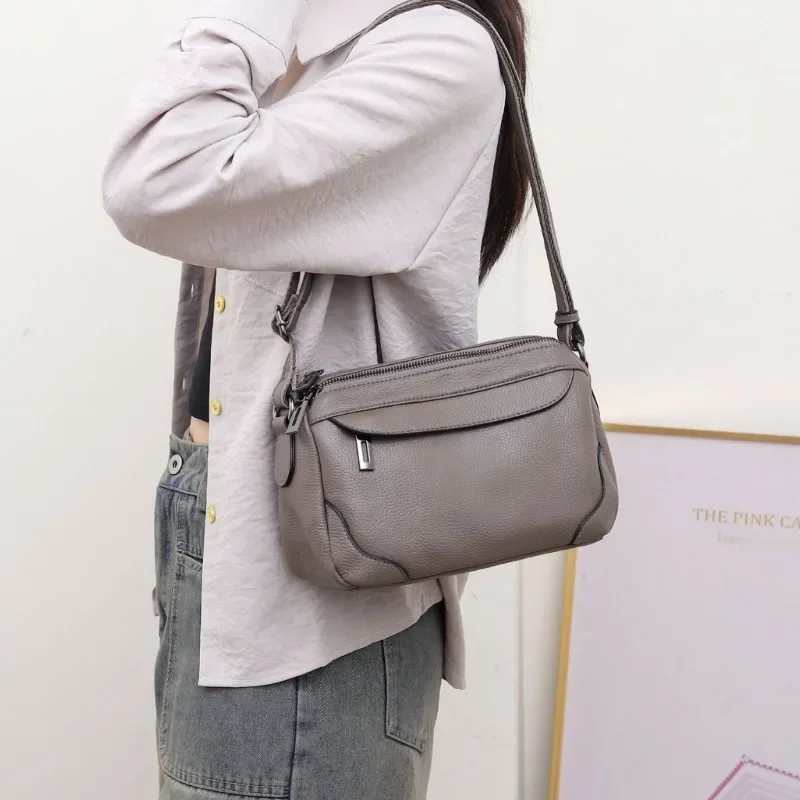 Genuine Leather  Handbag, Ladies' Casual Multi-Pocket Small Square Bag Women's Single Shoulder Practical Soft Leather Pillow Bag