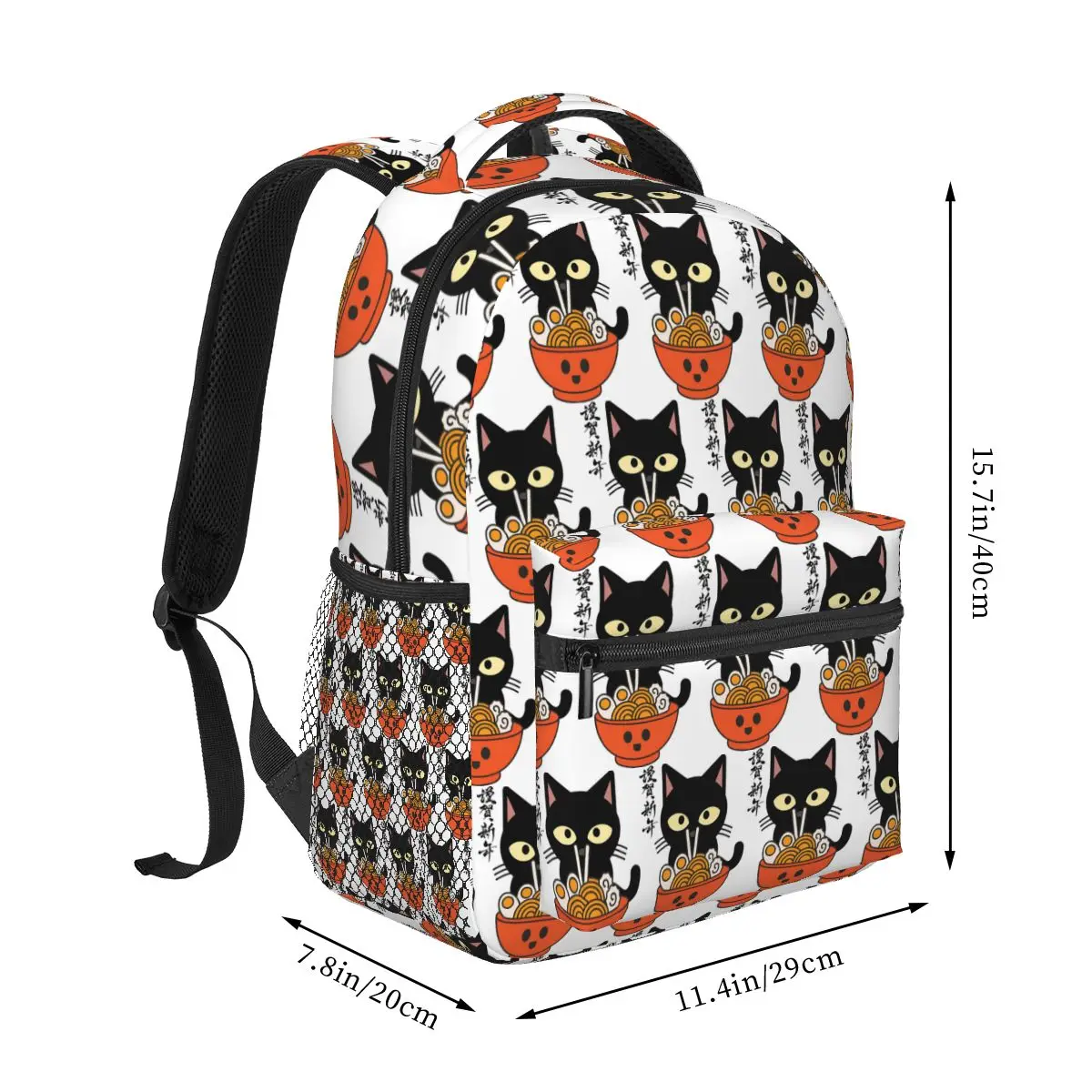 Japenese Black Cat Eating Ramen Spaghetti Noodle Backpack Student Boys Girls BookBag Children School Bag Shoulder Bag For Unisex
